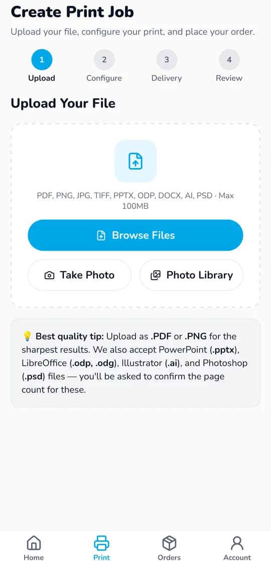 Print 'n' Post app print upload screen